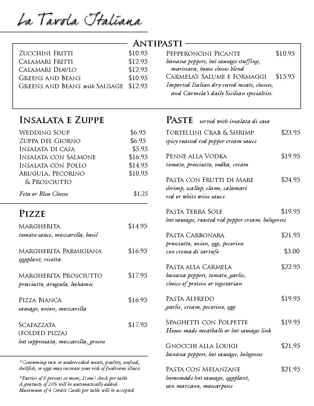 Authentic Italian Menu La Tavola Italiana Pittsburgh, PA