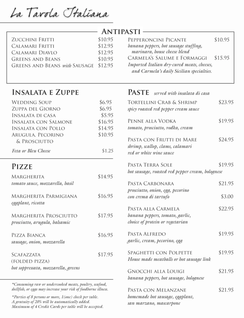 Authentic Italian Menu La Tavola Italiana Pittsburgh, PA