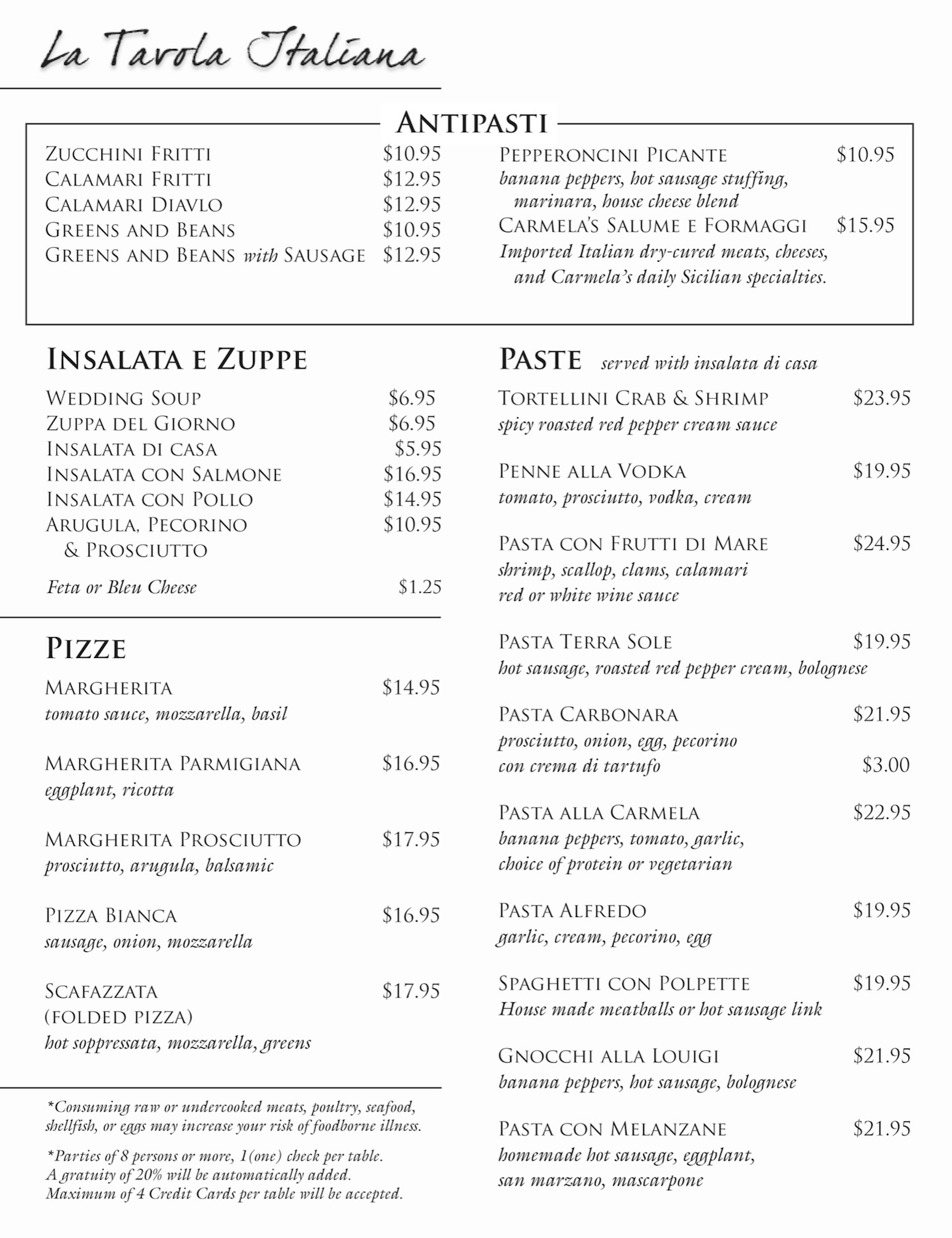 Authentic Italian Menu La Tavola Italiana Pittsburgh, PA