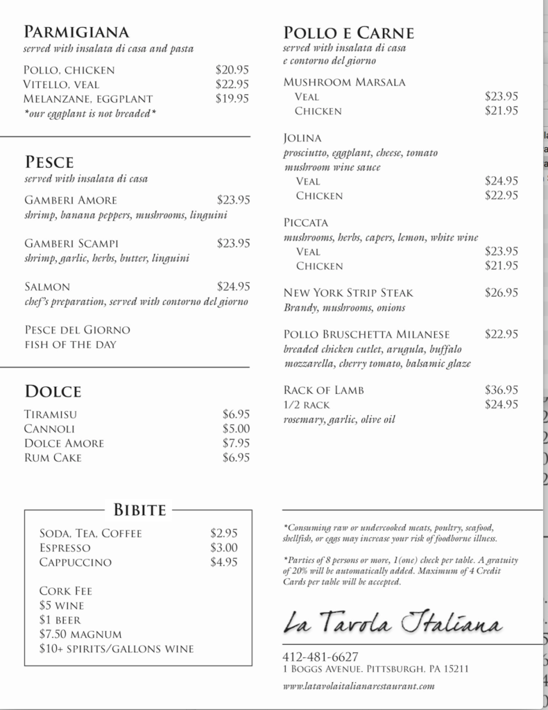 Authentic Italian Menu La Tavola Italiana Pittsburgh, PA