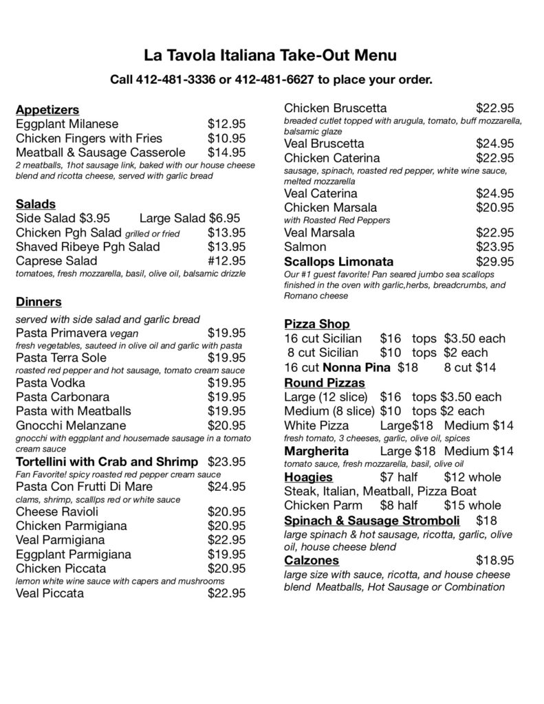 Authentic Italian Menu La Tavola Italiana Pittsburgh, PA