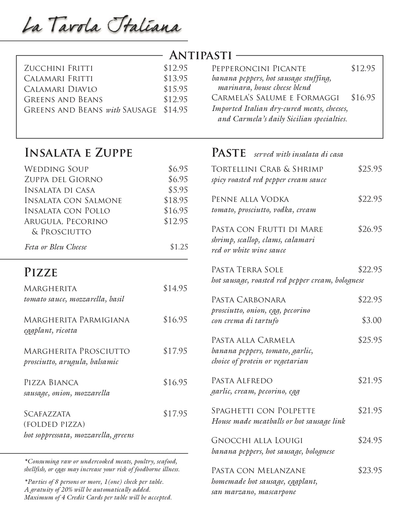 Authentic Italian Menu La Tavola Italiana Pittsburgh, PA